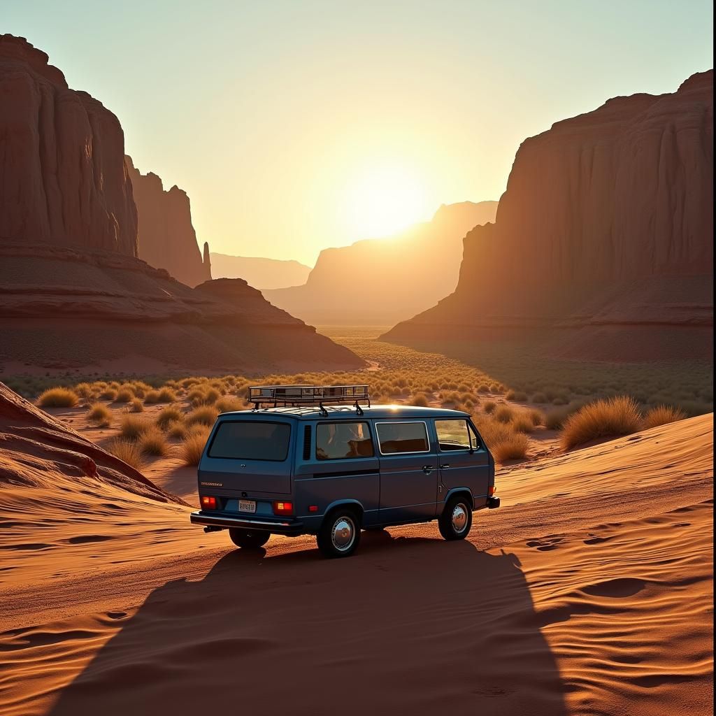 Volkswagen Vanagon in Moab Desert at Sunrise