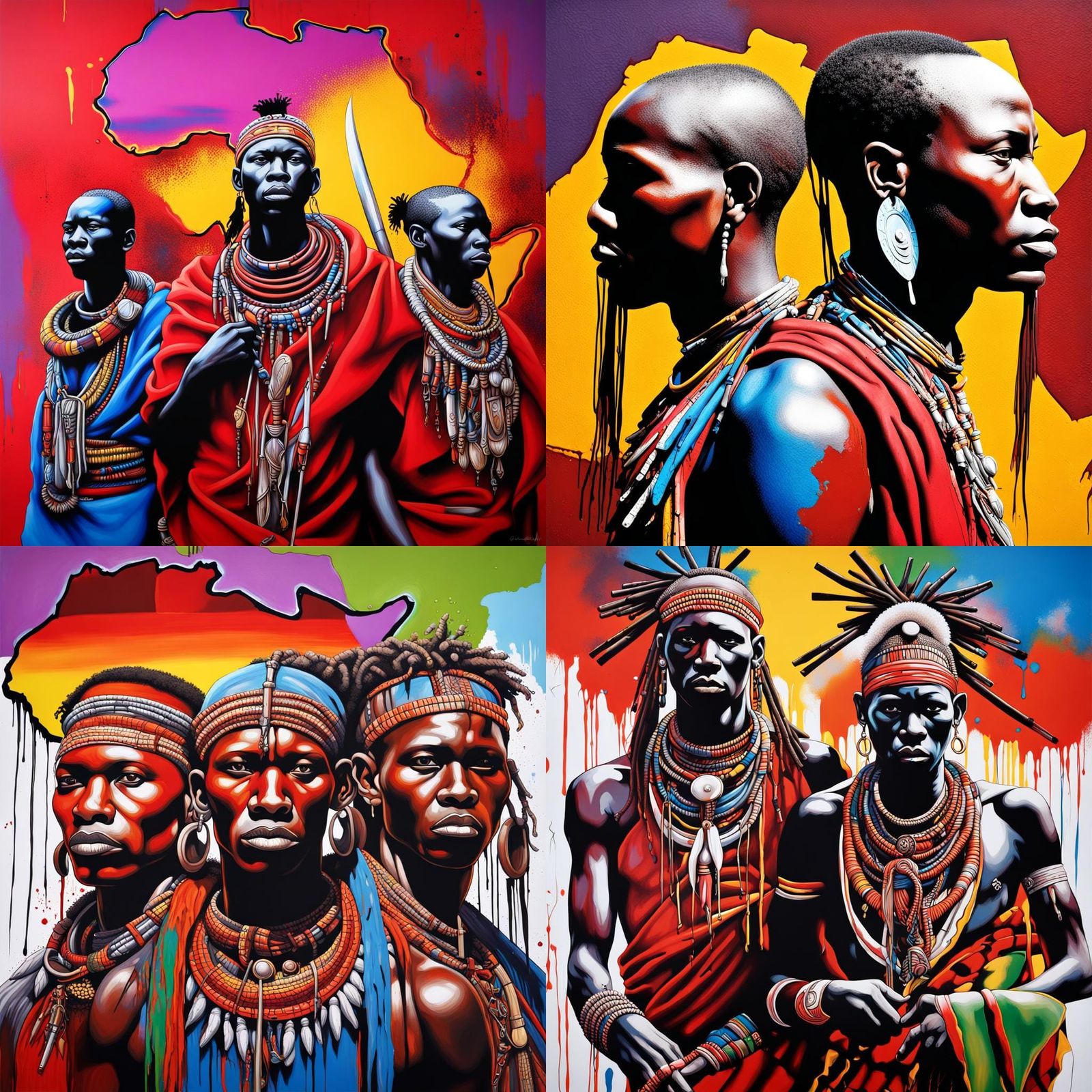 Maasai Warriors Africa Map in Graffiti Art Style