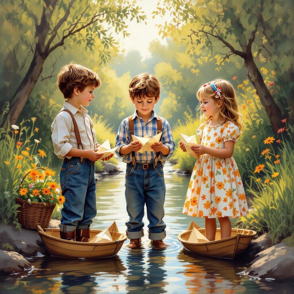Children Launching Paper Boats in Romantic Style