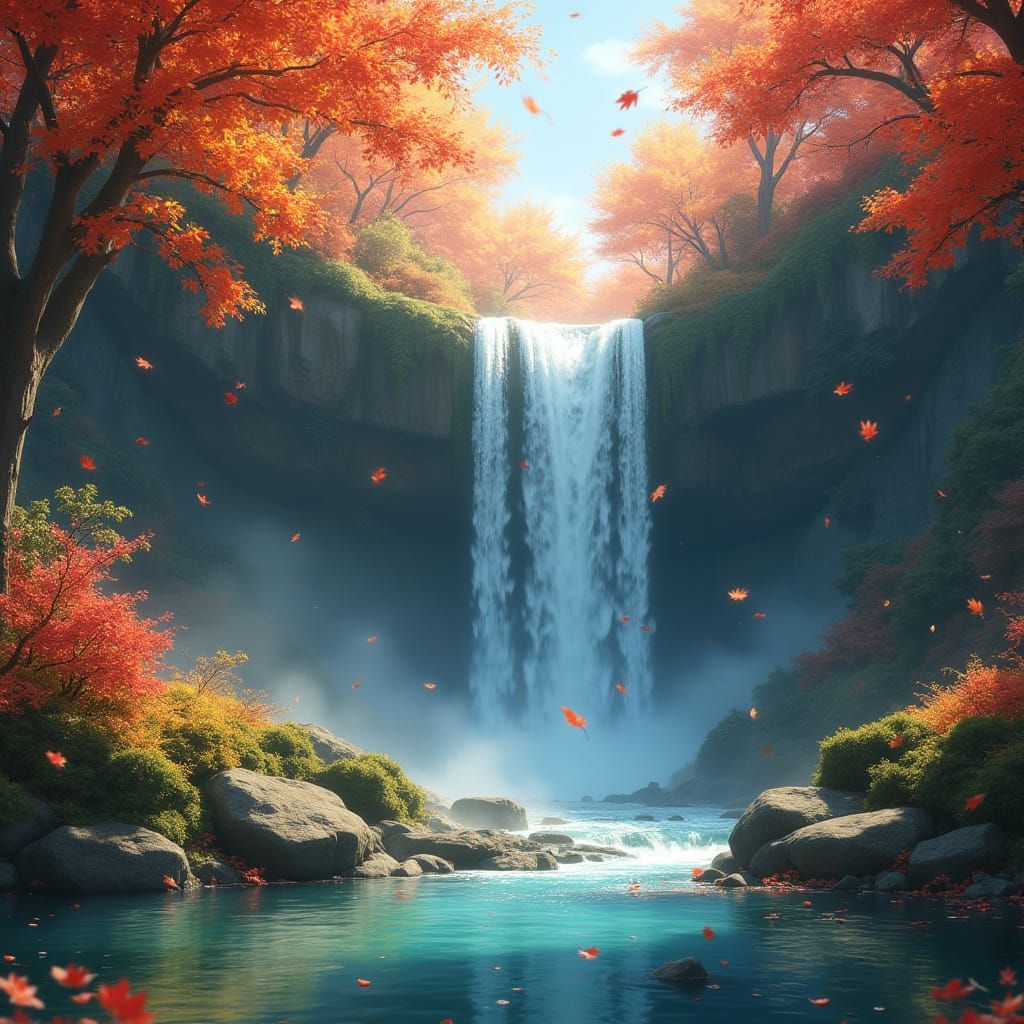 Autumn Waterfall in Vibrant 3D Anime Style