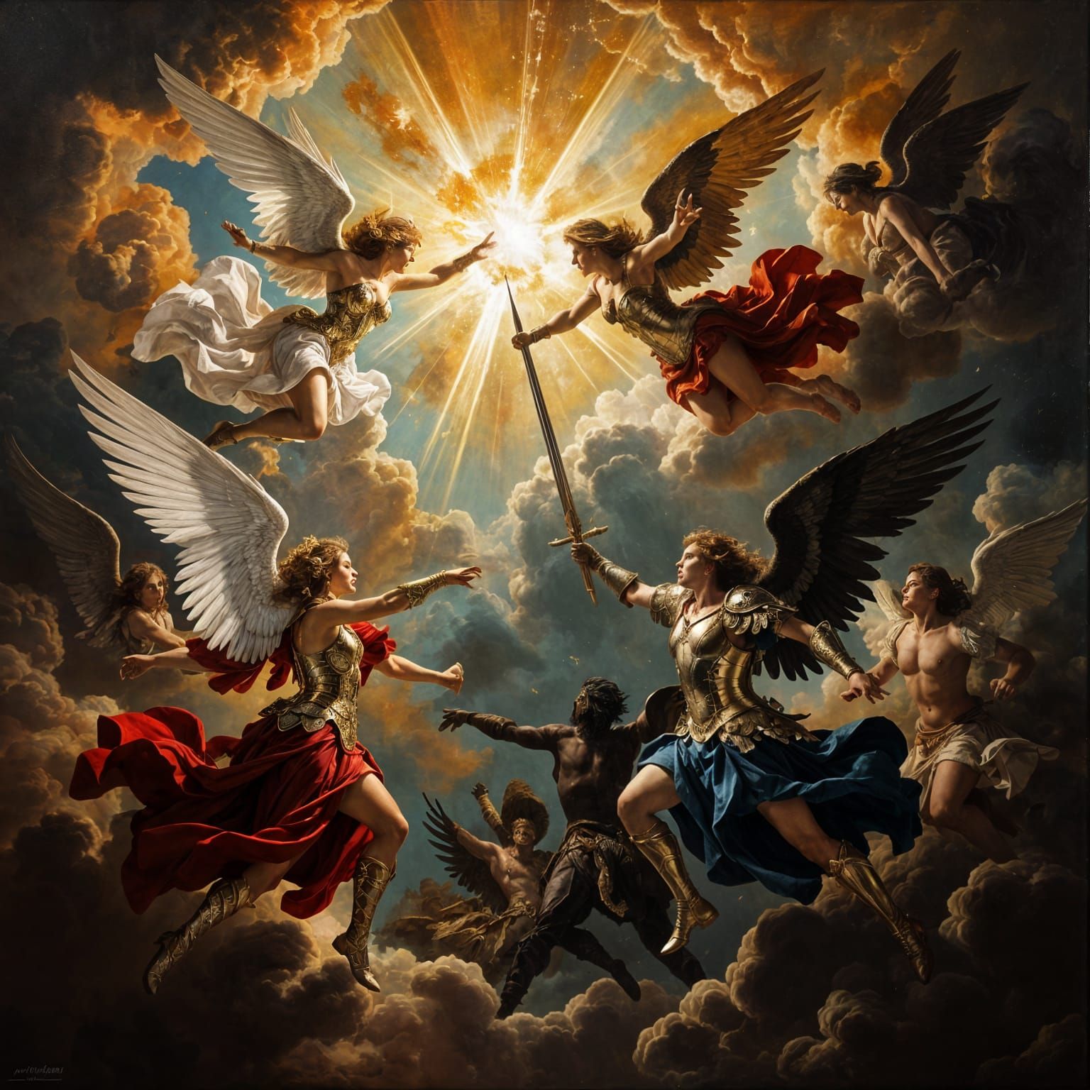 Baroque Angels Battle Demons in Cosmic Oil Painting