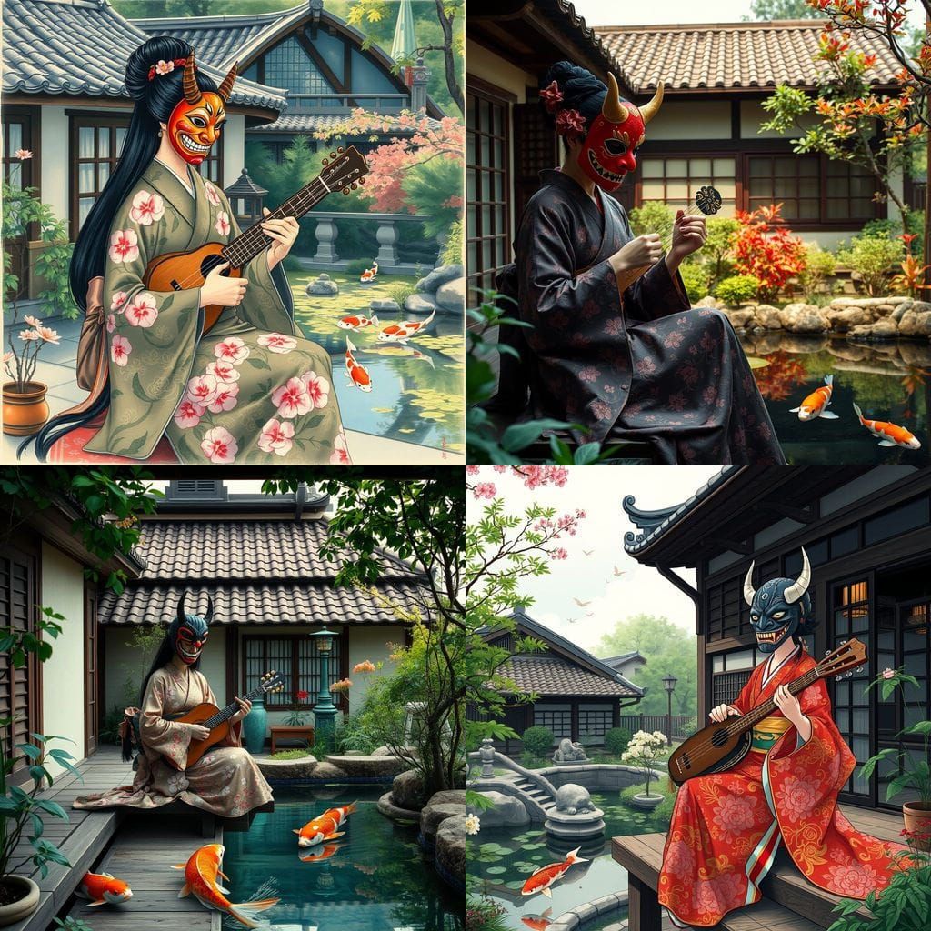 Traditional Japanese Woman Plays Sangen Under Starry Tokyo S...