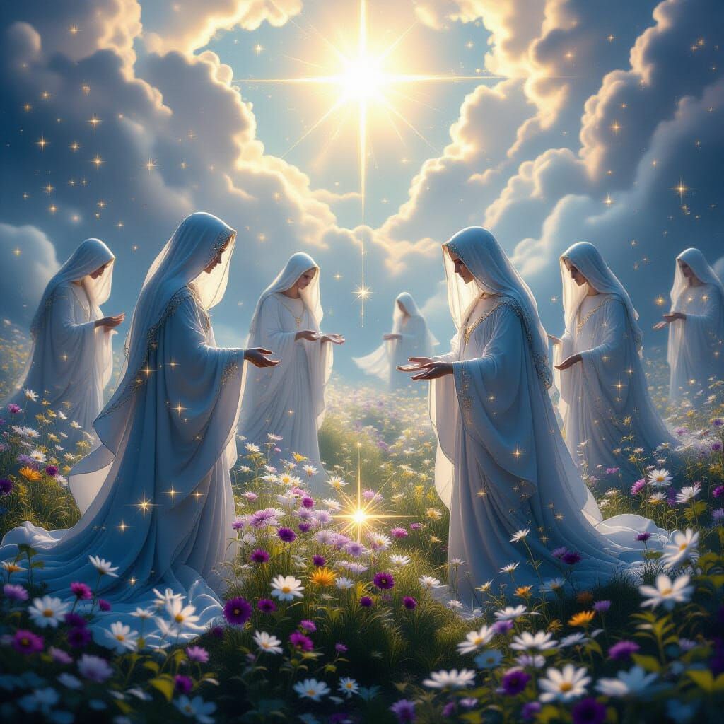 Celestial Beings Tending Cosmic Garden of Stars