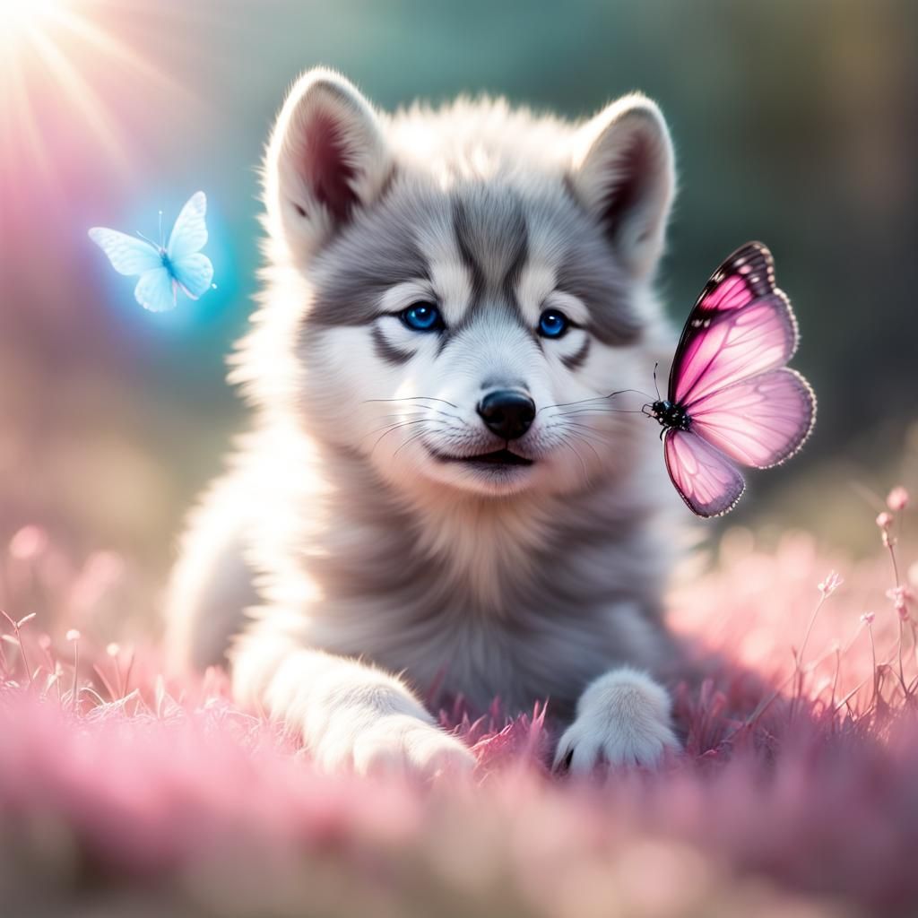 Fluffy Wolf Cub Plays with Butterfly in Sunshine