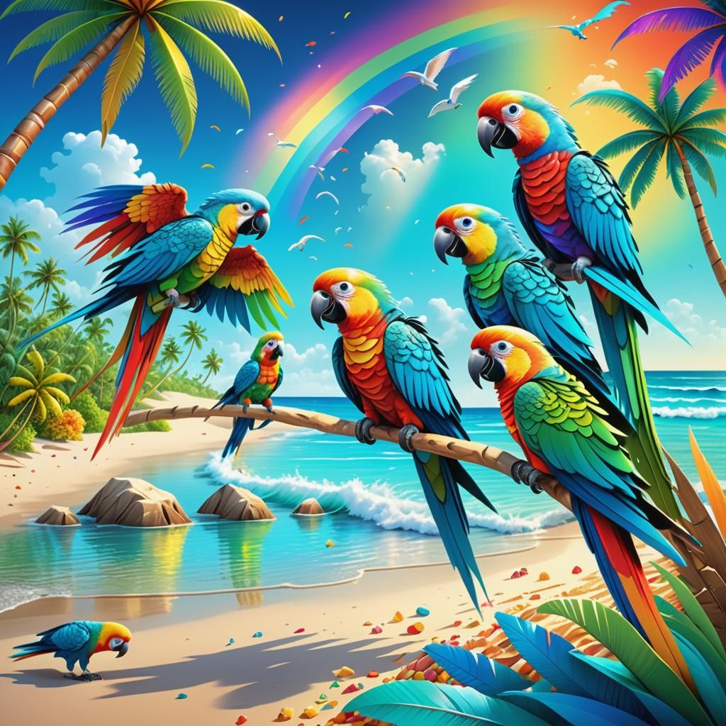 Tropical Beach Paradise with Parrots in Fractal Vector Art
