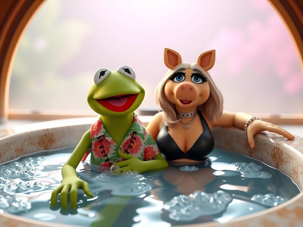 Kermit the Frog and Miss Piggy in a hot tub