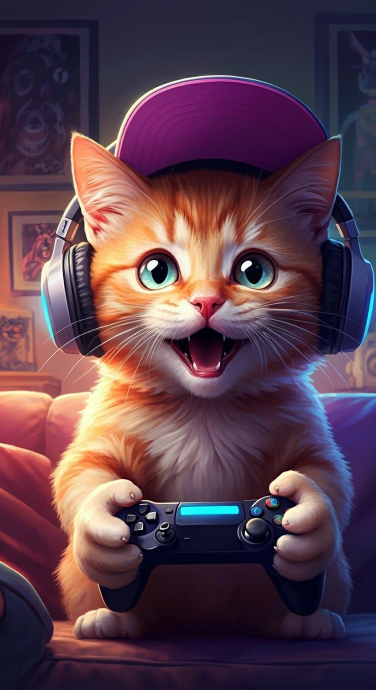 Gamer Kitten with Headset in Graffiti Art Style