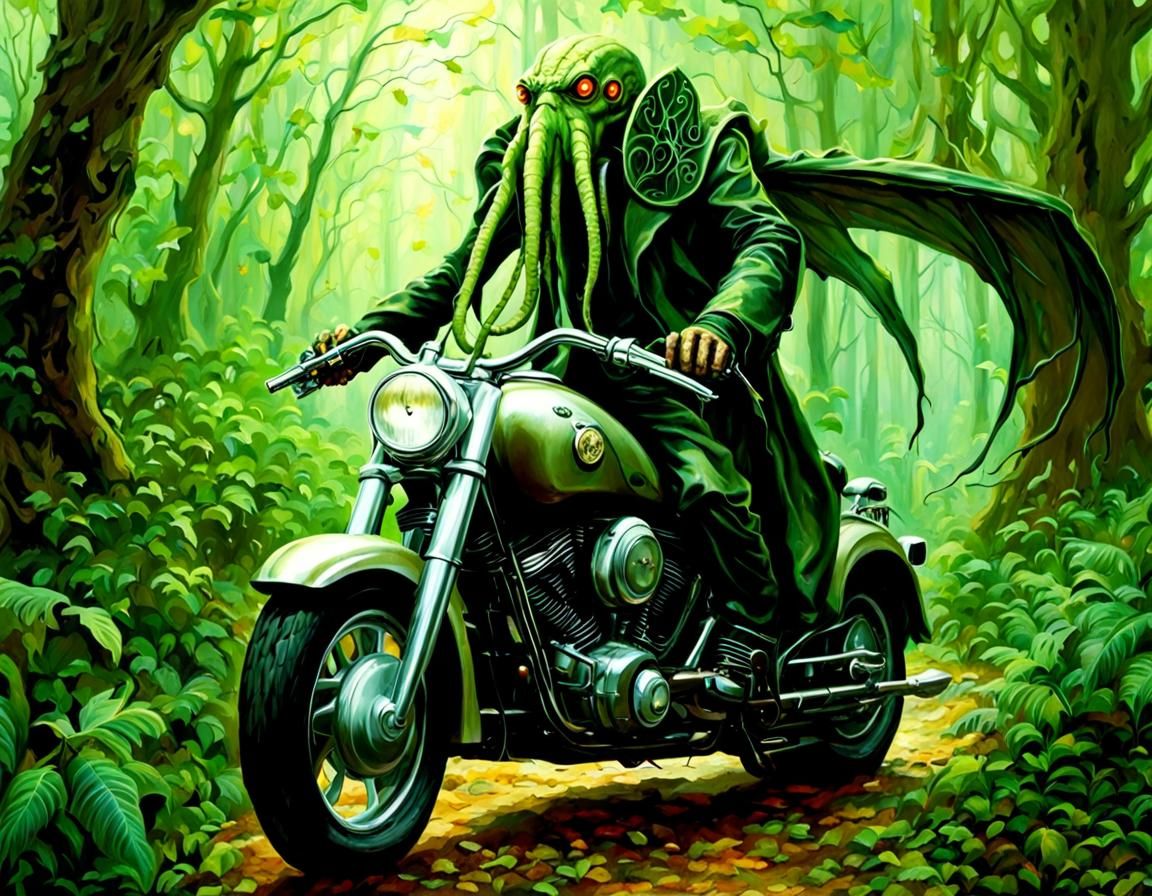 Cthulhu on a Motorbike in Steampunk Forest