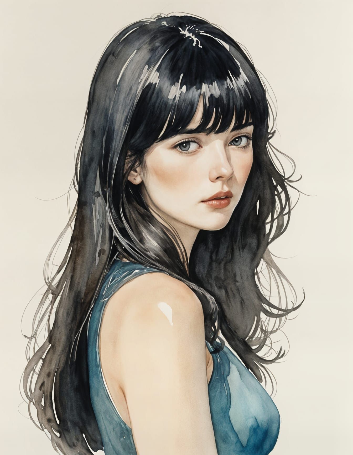 Watercolor Portrait of Dark-Haired Woman with Bangs