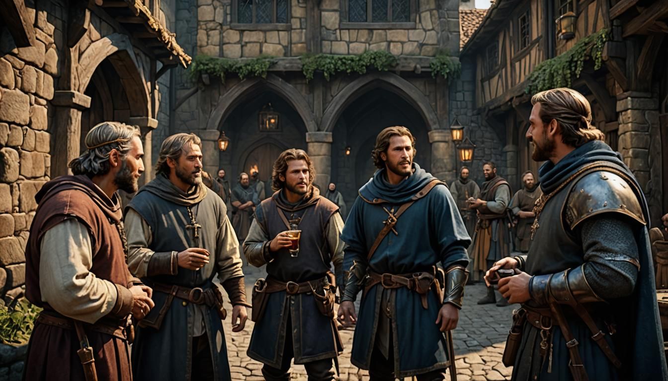 Medieval Men Talking to Innkeeper: Fantasy Concept Art