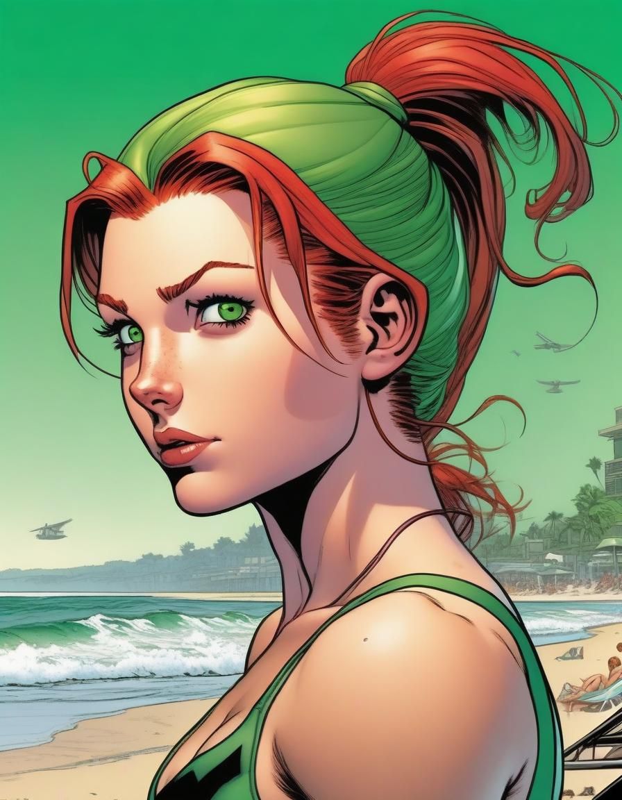 Redhead in Green Bikini: Comic Book Beach Art