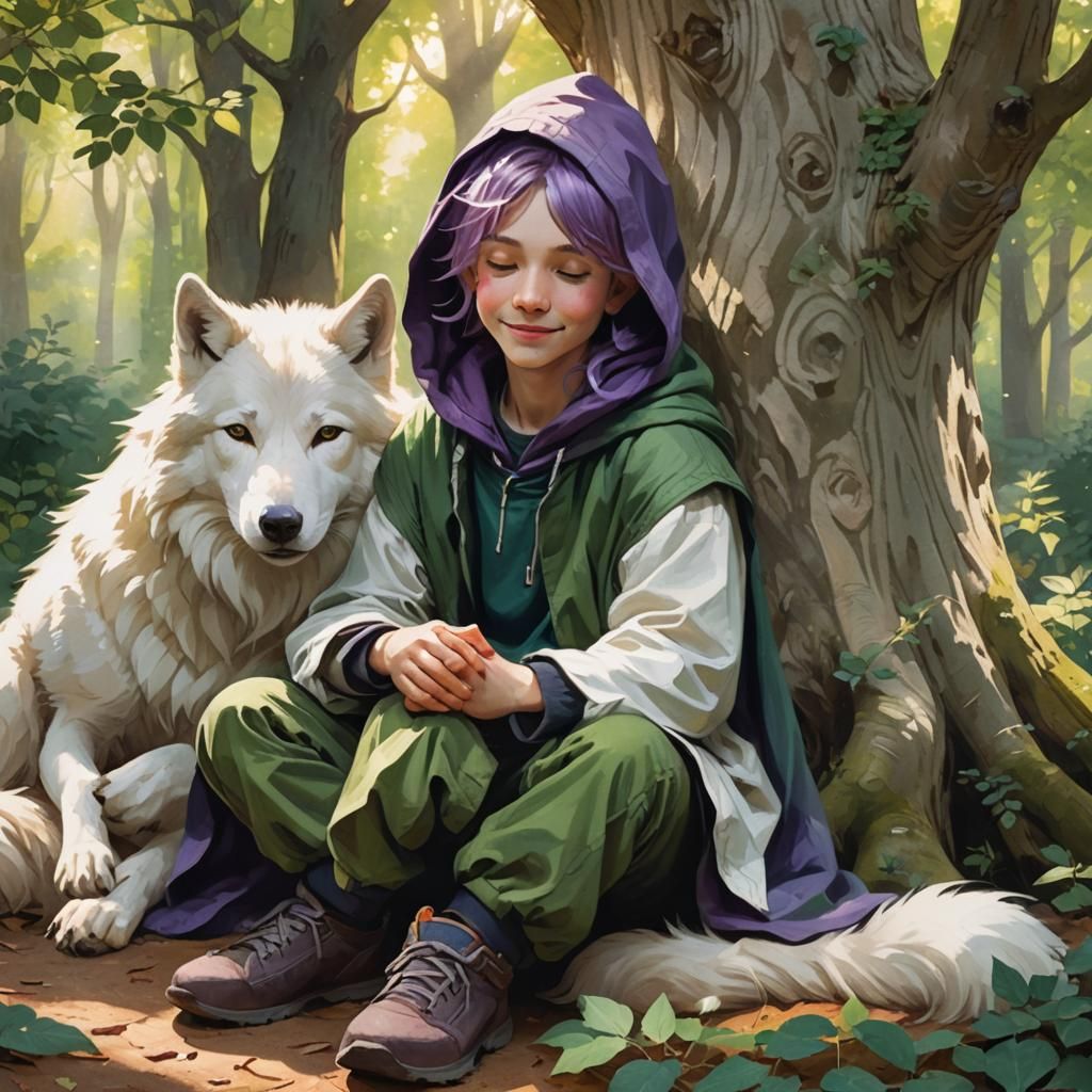 Boy and Wolf Cuddle in Forest, Painterly Style