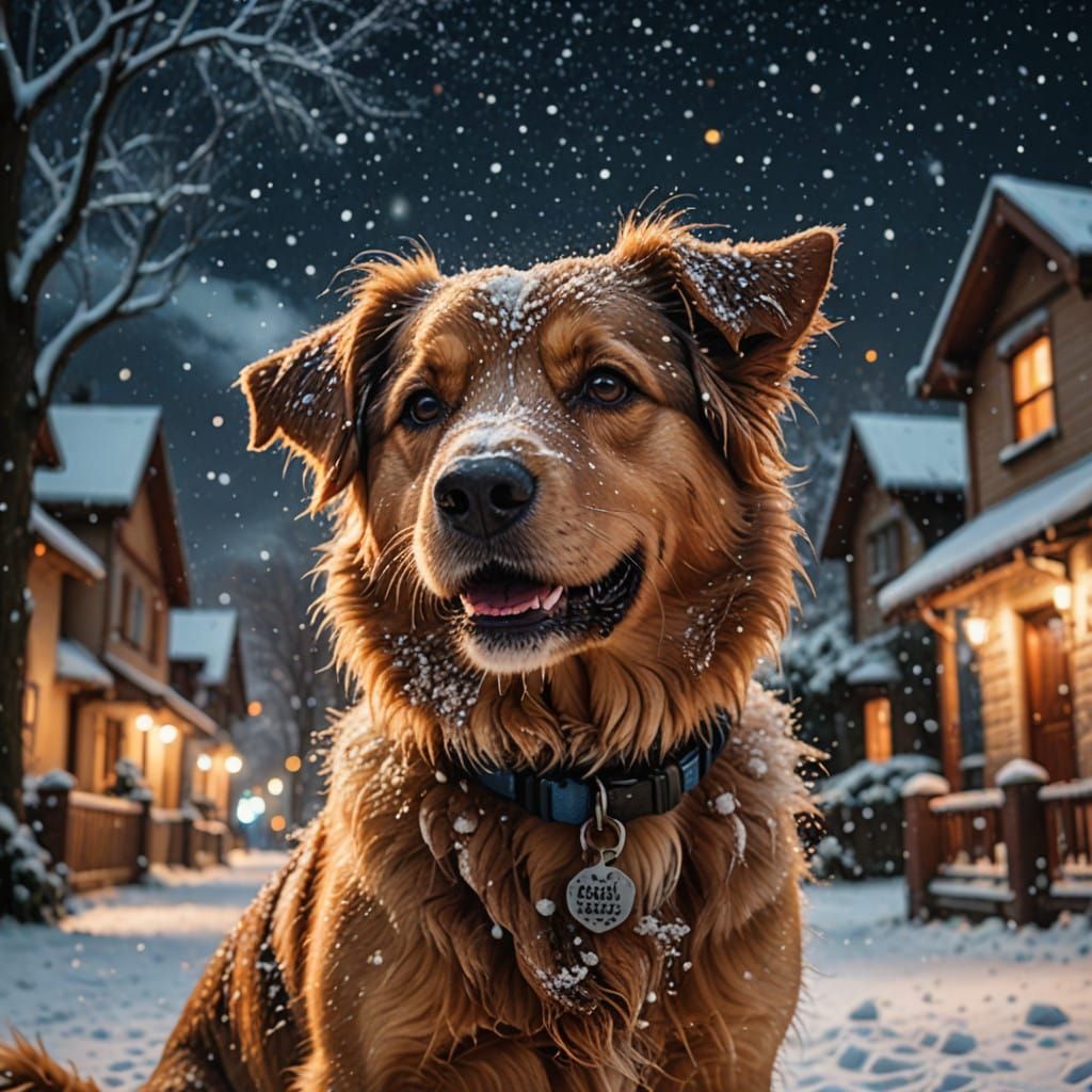 Joyful Dogs Play in First Snow under Starry Night