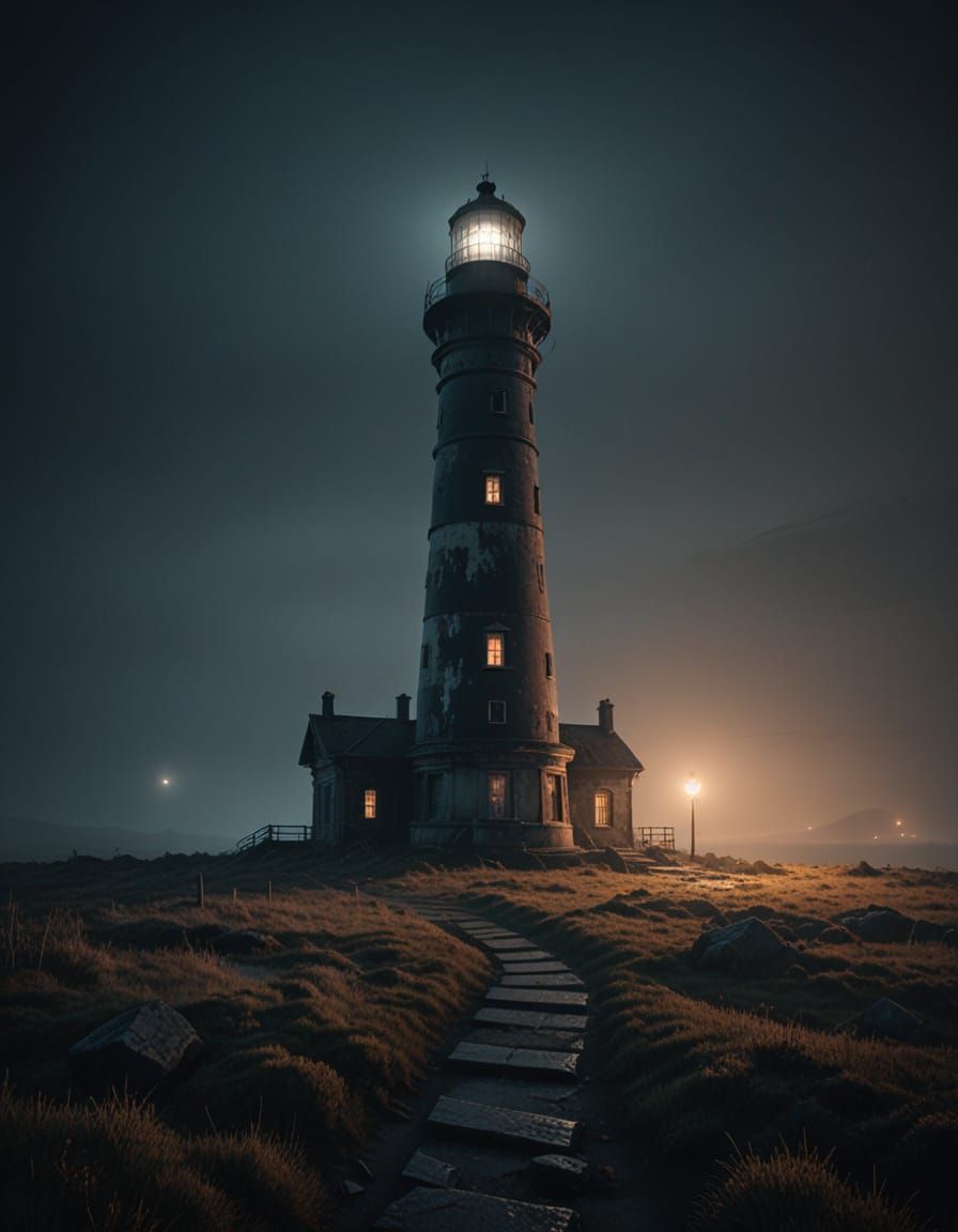Eerie Lighthouse in Fog-Shrouded Moor at Night