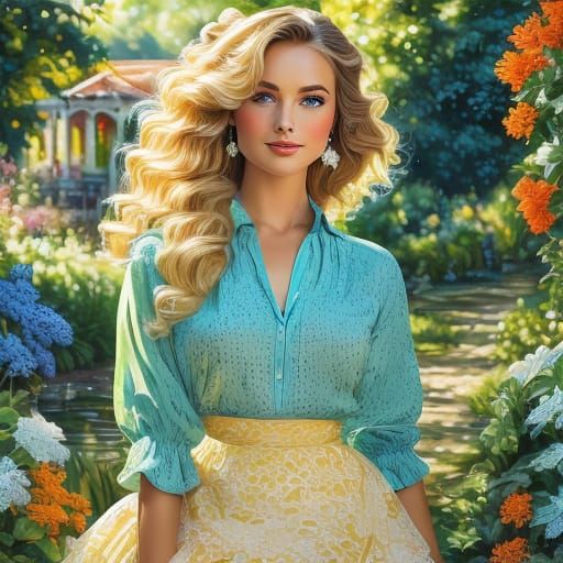 Elegant Woman in Sunlit Garden Oil Painting
