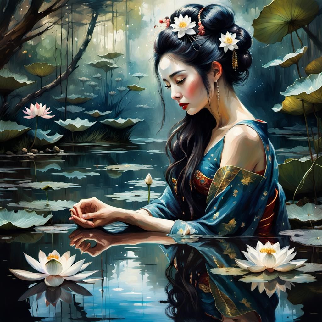 Geisha Reflection in Lotus Pond: Dark Fantasy Art