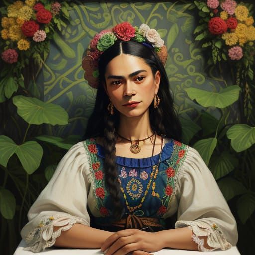 Mysterious Frida Kahlo in Whimsical Garden Paradise