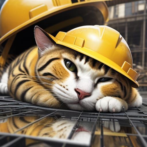 Fat Construction Cat in Whimsical 4K Digital Painting