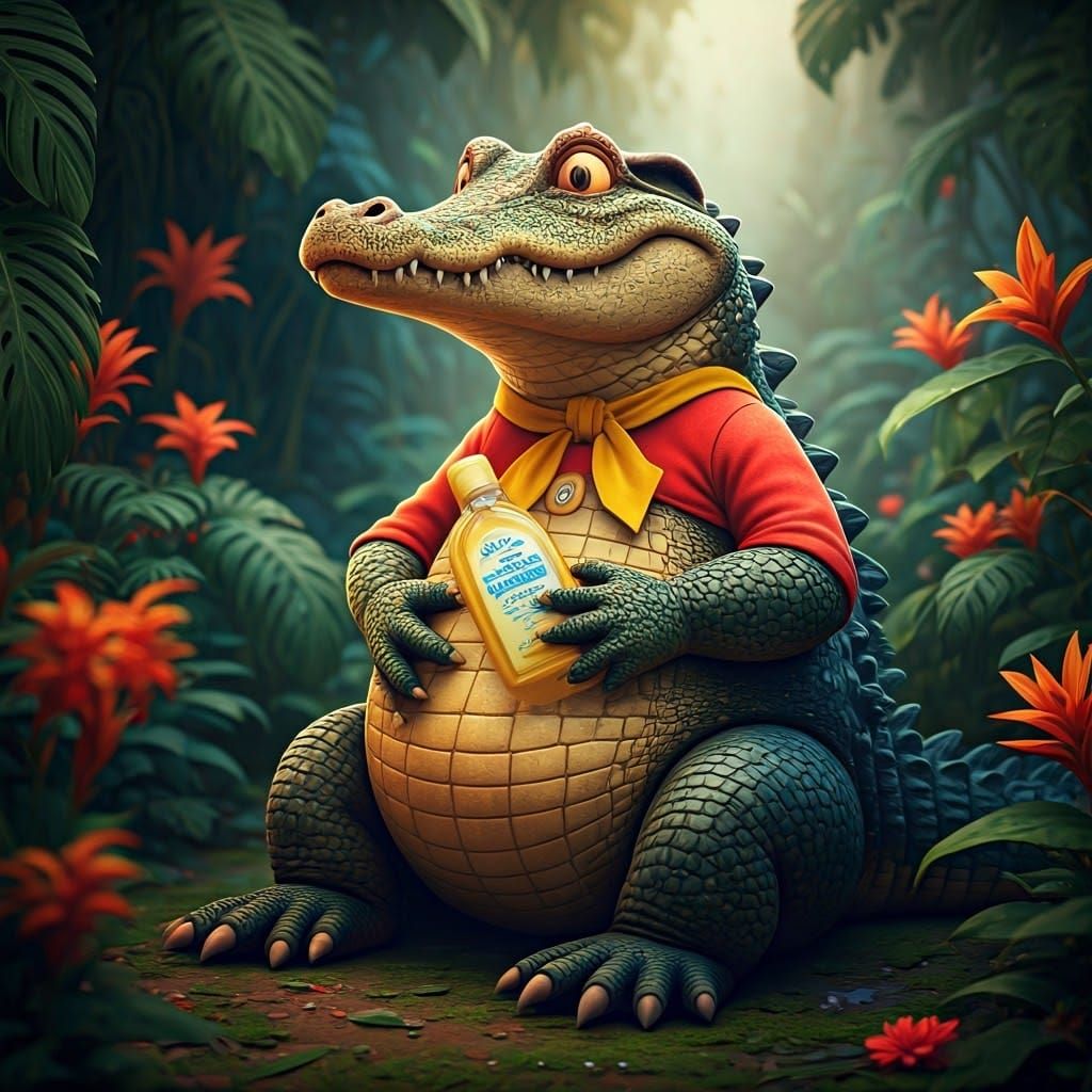 Whimsical Crocodile-Noddy Hybrid Soaks in Serene Oasis