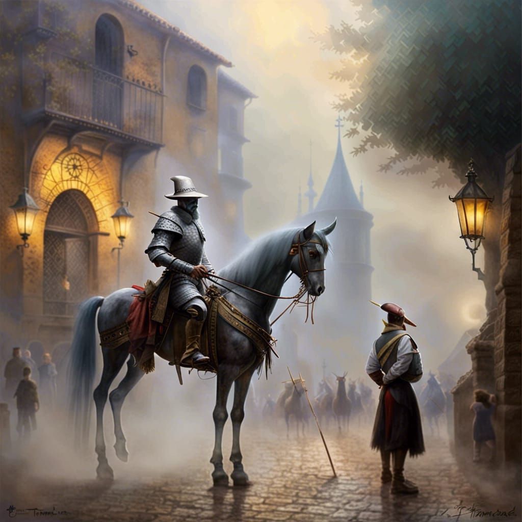 Don Quijote in Medieval Square: Ethereal Fantasy Art