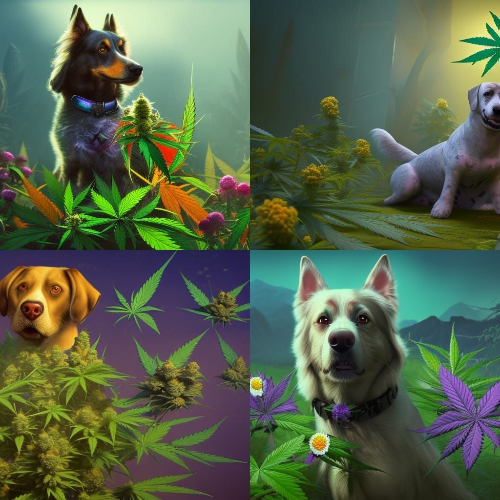 Dog with Cannabis Flowers in Detailed Matte Painting