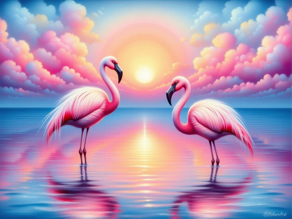 Airbrushed Oil Painting of Flamingos in Serene Water Scene