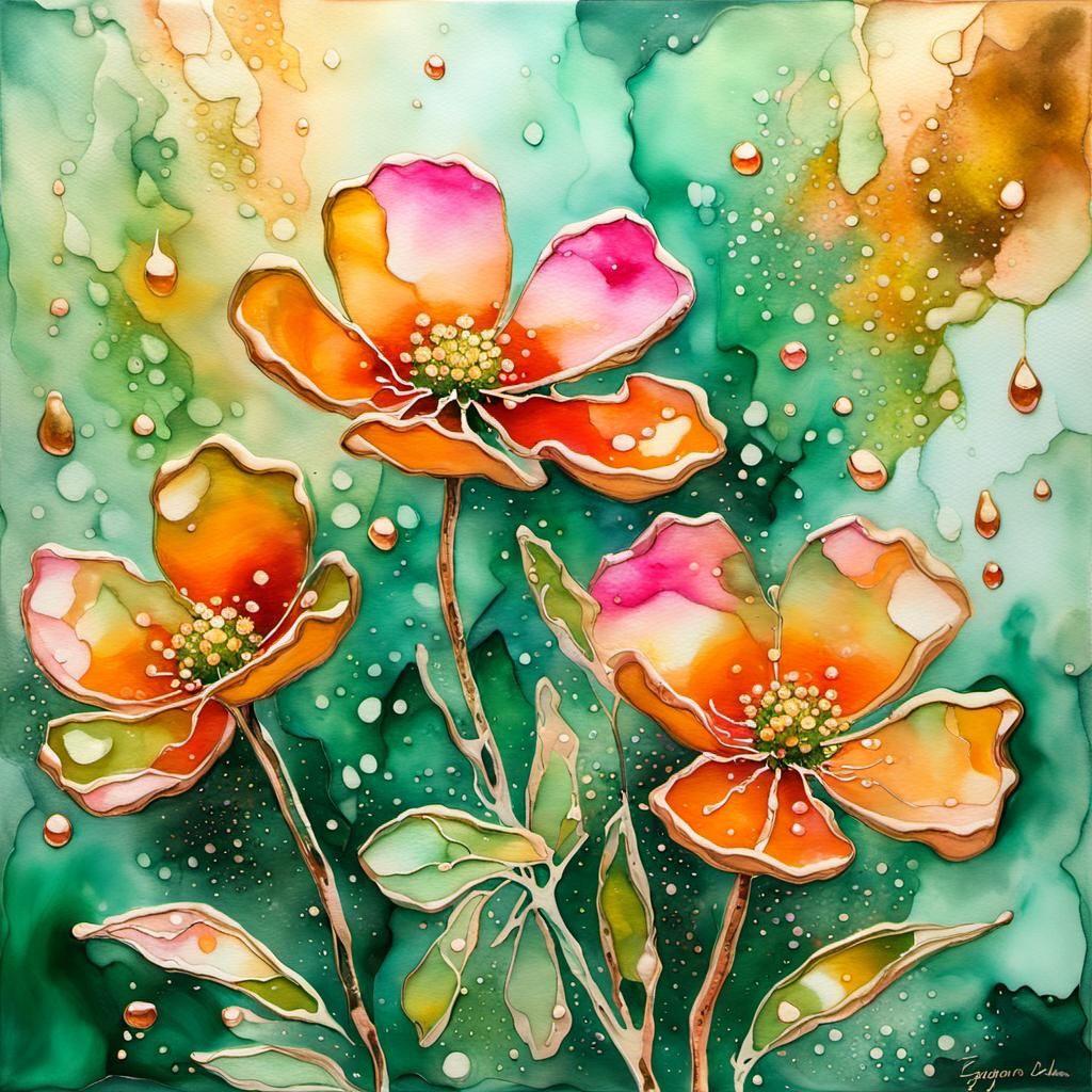 Abstract Alcohol Ink Sage Green Pink Splatter Wash, Golden Sunrays,  Realistic 3d Tangerine Geum Flowers, 3d Shading, Al...