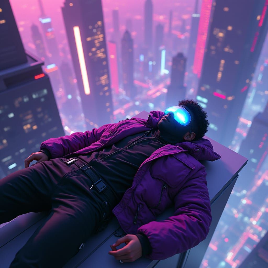 Cyberpunk Figure on Skyscraper Edge
