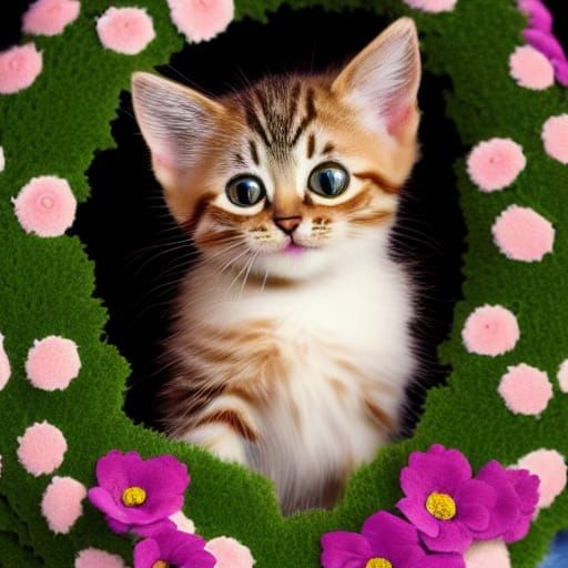 Adorable Kitten with Flower Wreath: Digital Art