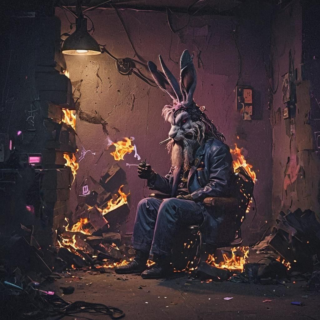 Cyberpunk Bugs Bunny with Beard in Neon Room