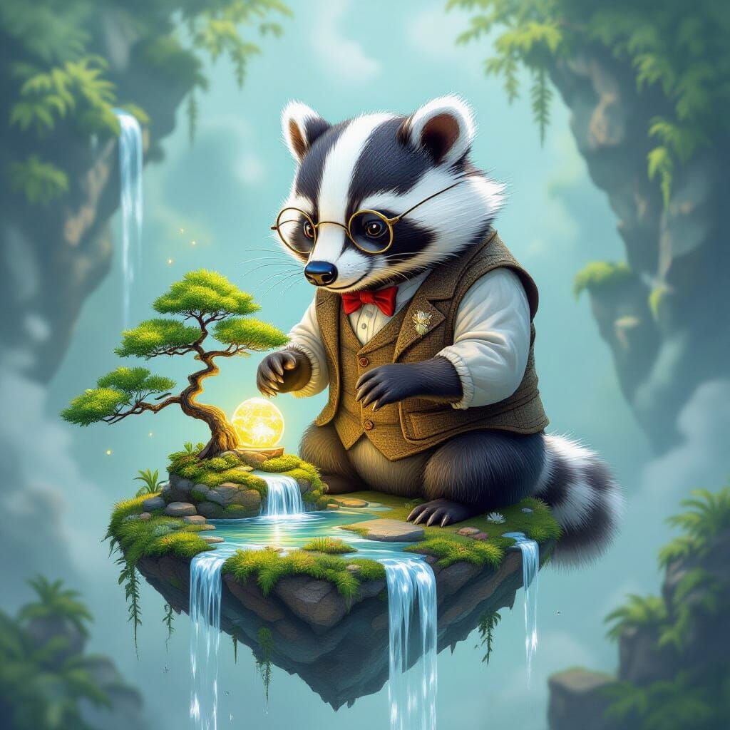 Badger Gentleman Tends Glowing Bonsai on Floating Island