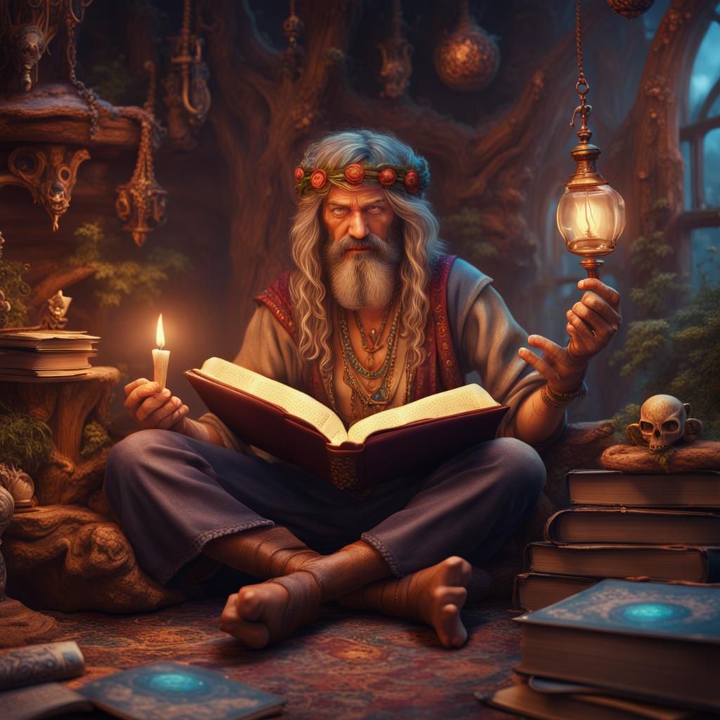 Happy Hippie Reads Magic Book in Detailed Matte Painting