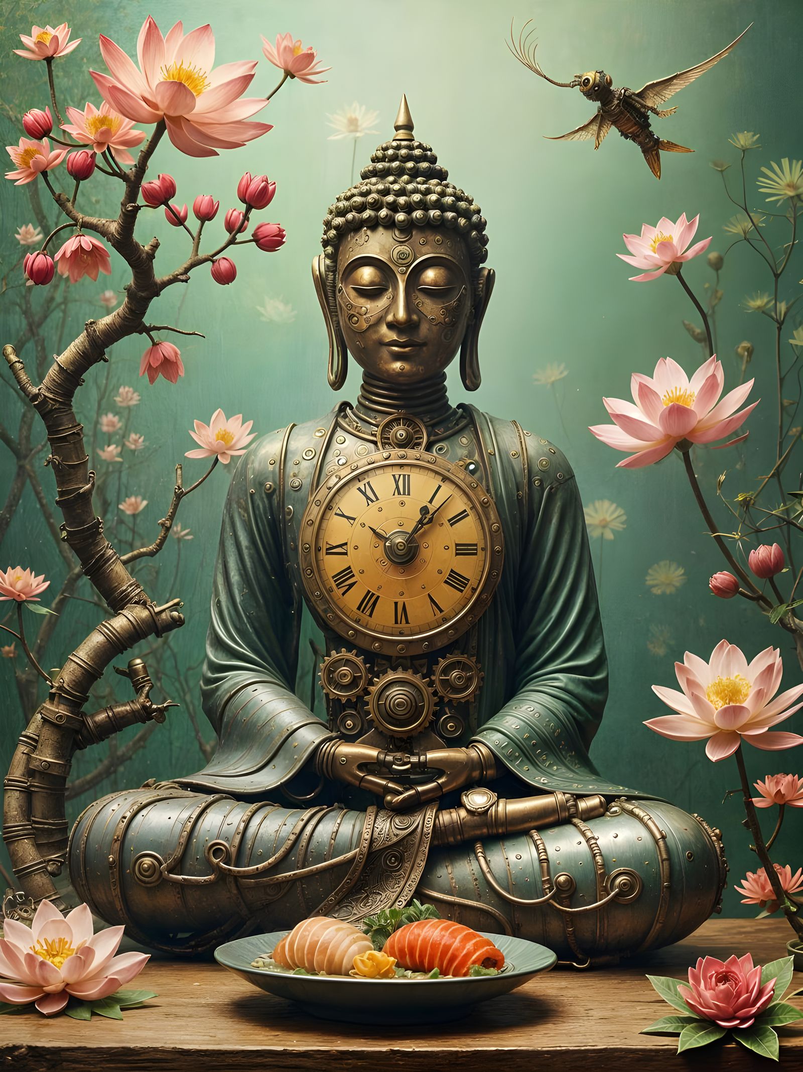 Steampunk Buddha Robot in Surreal Oil Painting Style