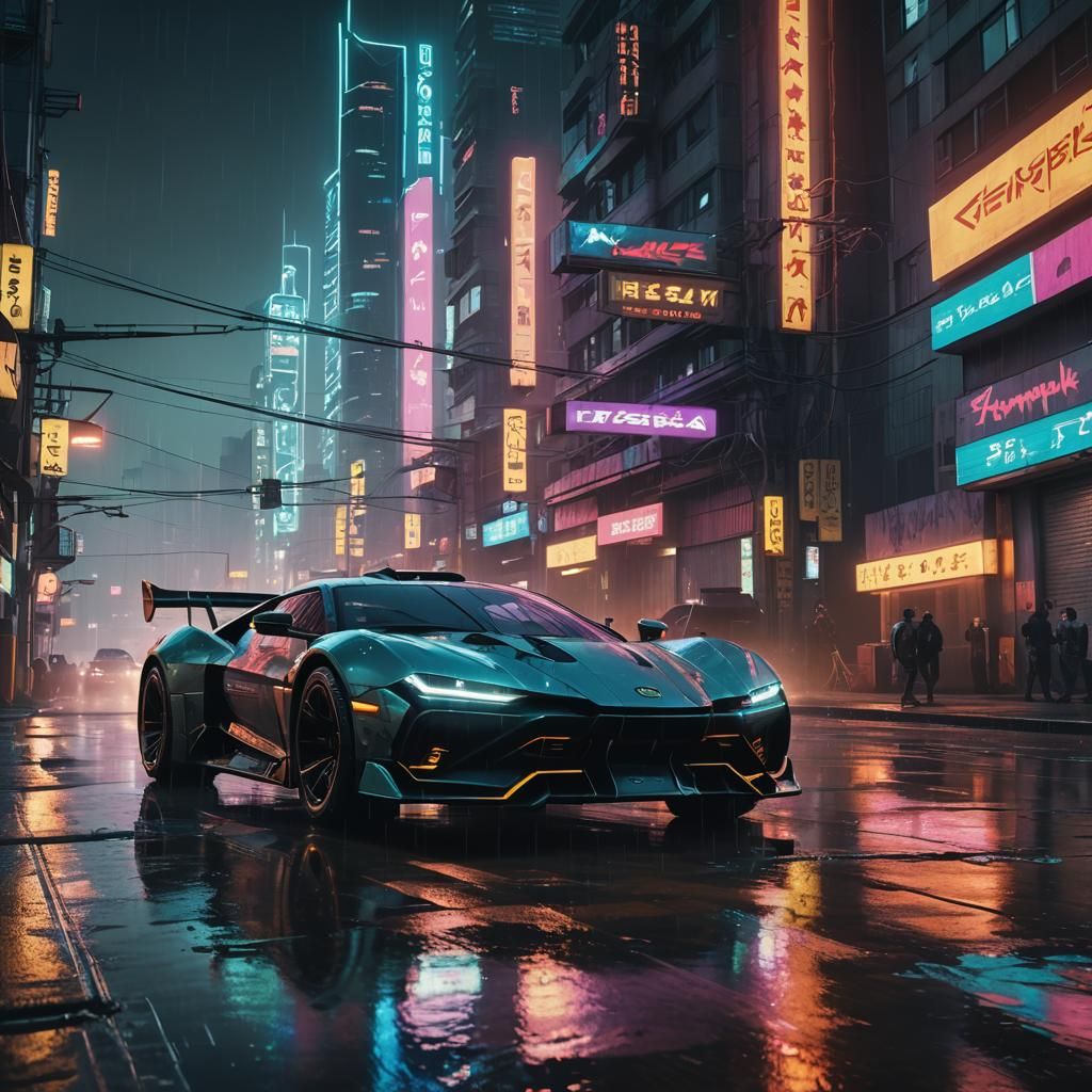 Cyberpunk Sports Car Racing Through Dystopian Metropolis