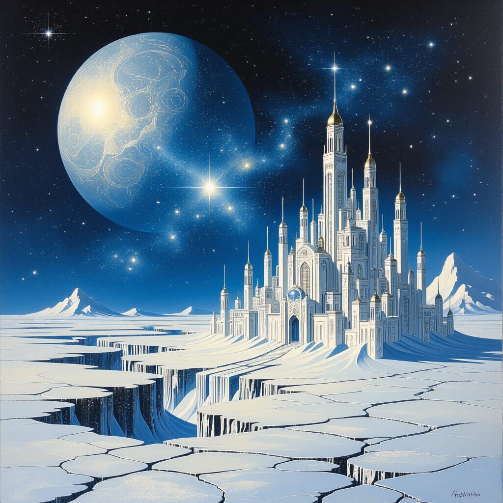 Enchanted Silver Metropolis on Moon in Retro Sci-Fi Style