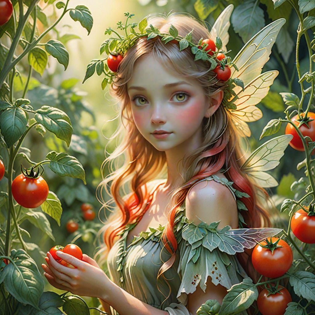 Whimsical Fairy Among Luscious Tomato Blooms