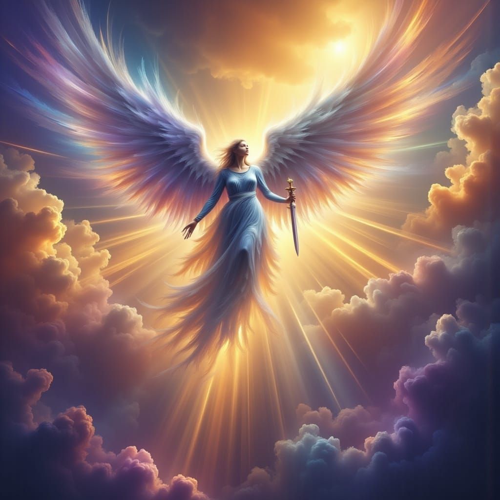 Radiant Angel Descends in Dark Oil Paint Style