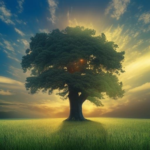 Giant Tree in Lush Meadow Under Golden Sky