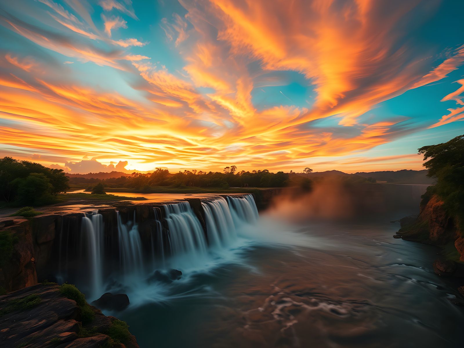 Vibrant Sunset Over Orinoco River Waterfall