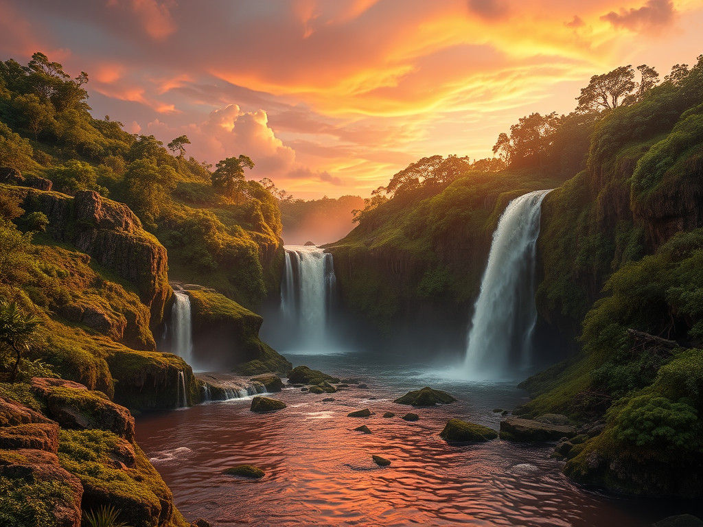Majestic Waterfall at Sunset: Fantasy Landscape