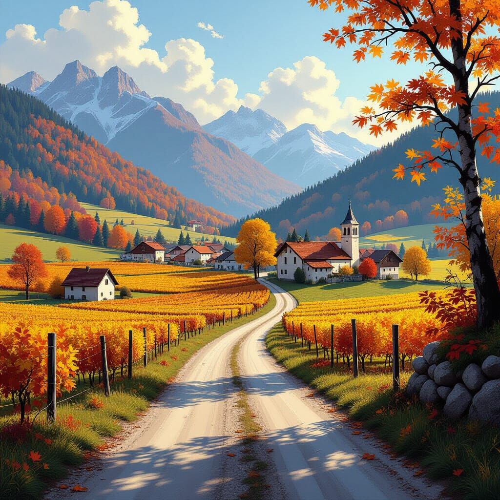 Autumn Country Road Leading to Medieval Village