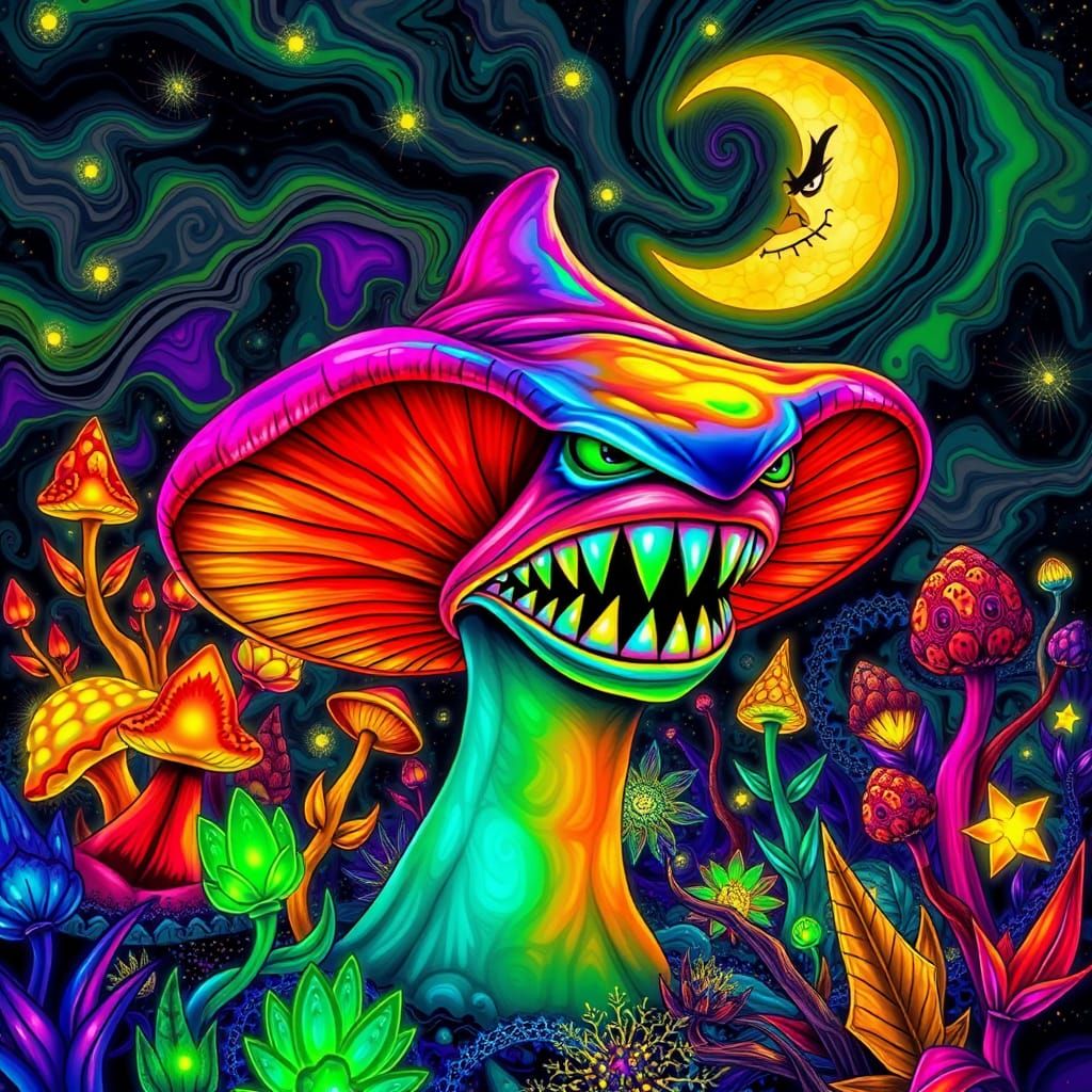Surreal Mushroom Monster in Alien Forest