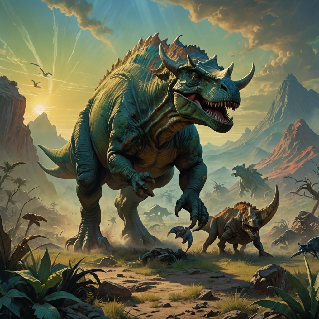 T-Rex vs Triceratops in Fantasy Landscape