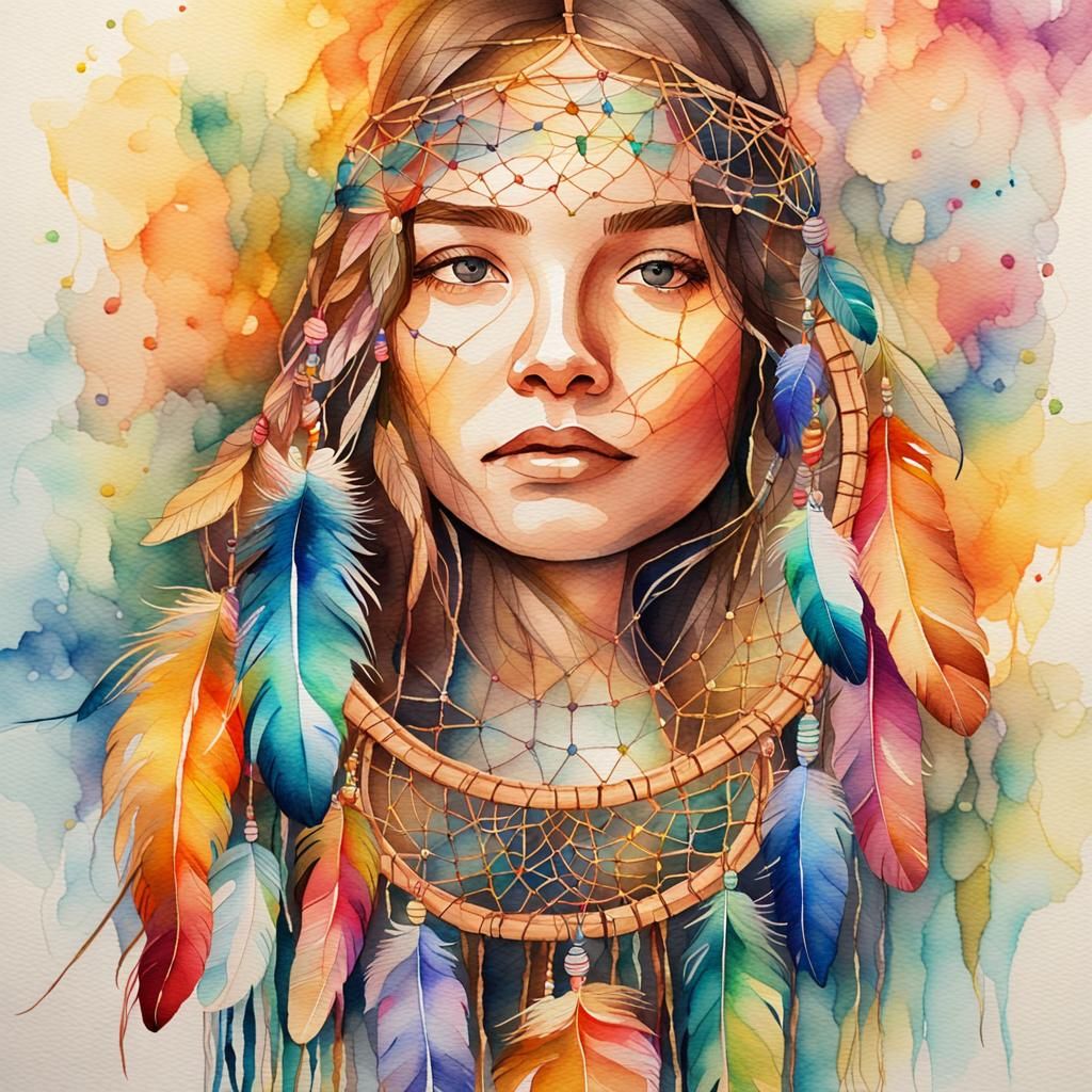 Watercolor String Art Dream Catcher in Impressionist Style