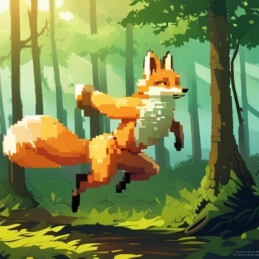 Pixelated Fox Leaping in Forest, Anime Key Visual