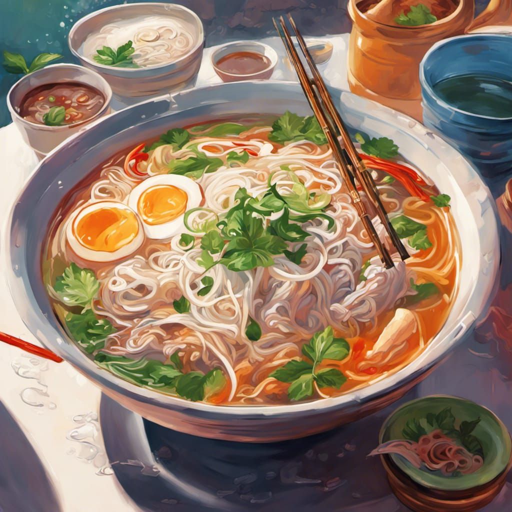 Hyperrealistic Vietnamese Pho in Cafe, Splash Art