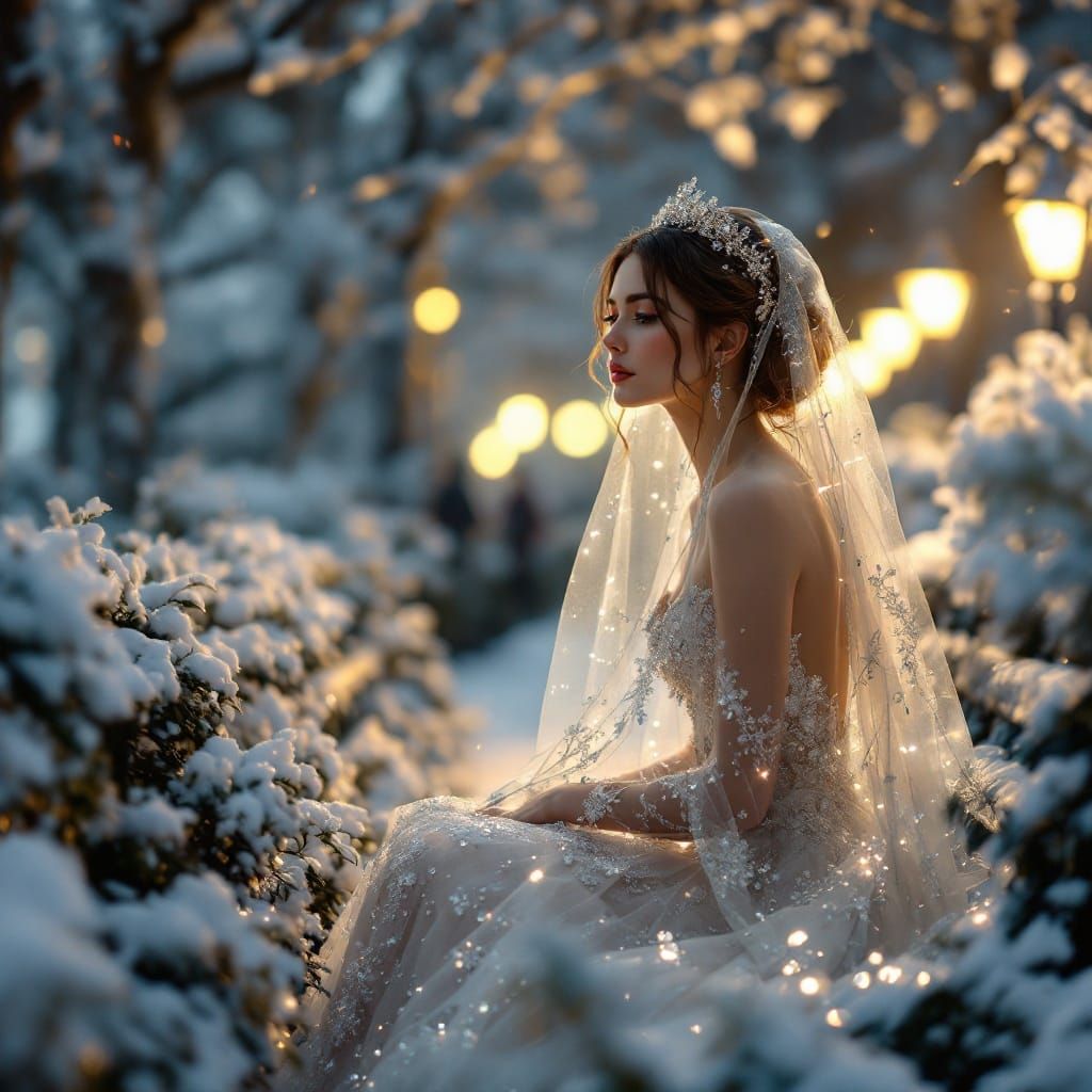 Surreal Snow Wedding Scene in Art Nouveau Style