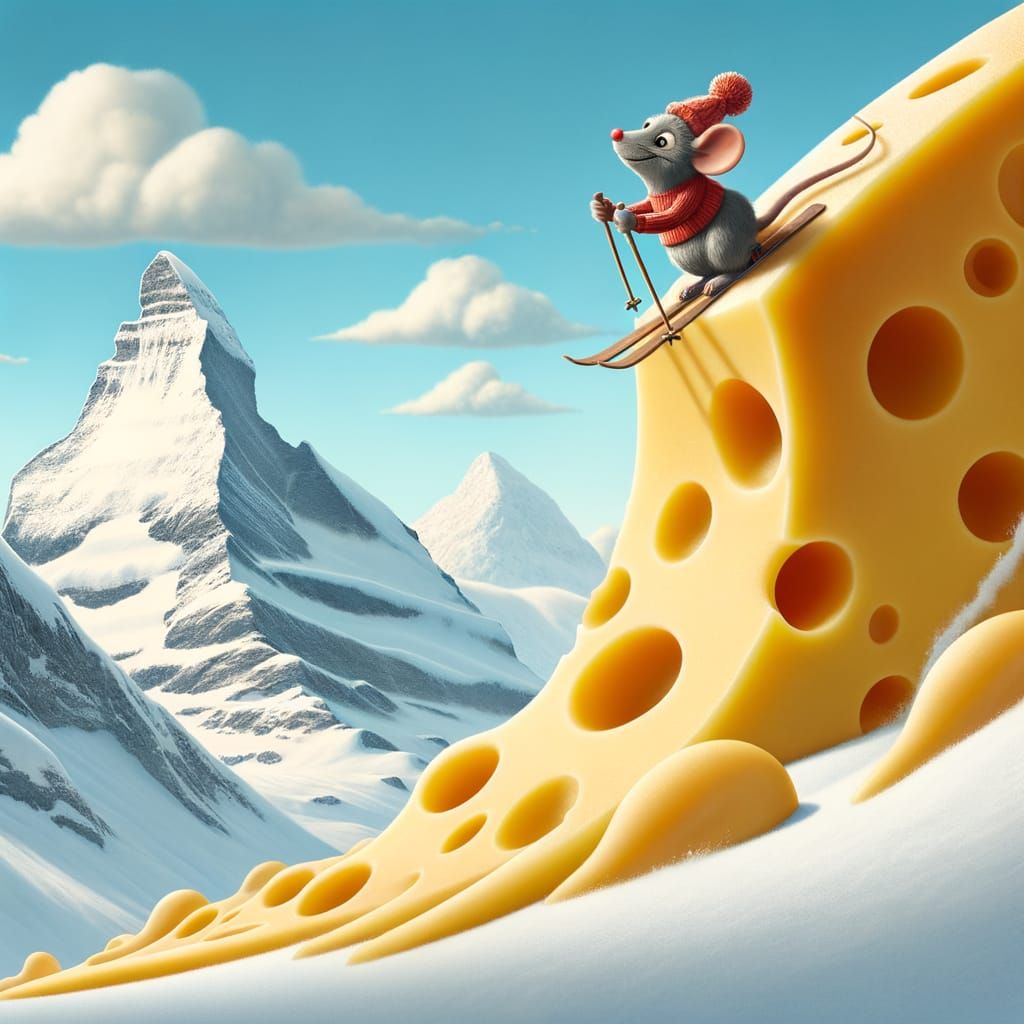 Mouse Skis Down Cheese Mountain in Swiss Alps