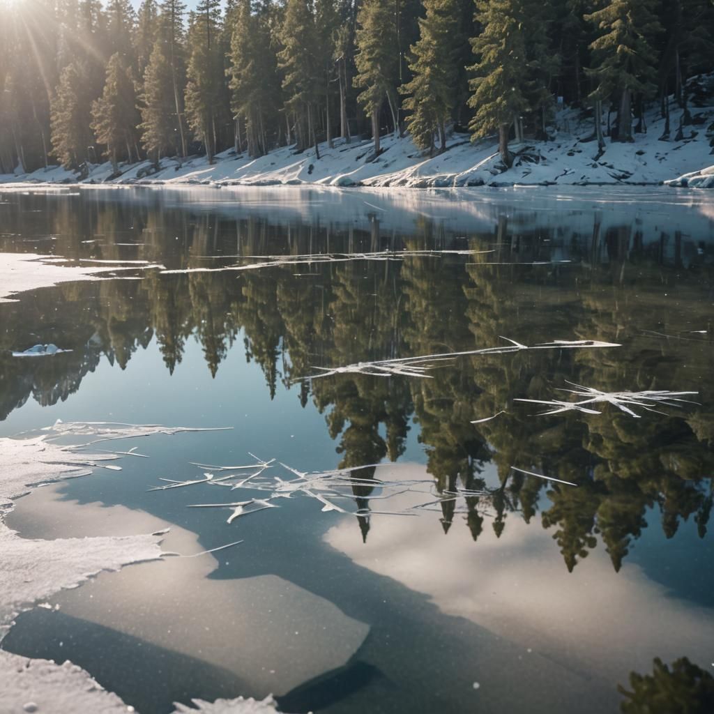 Frozen Lake Reflects Sunlight in Winter Landscape