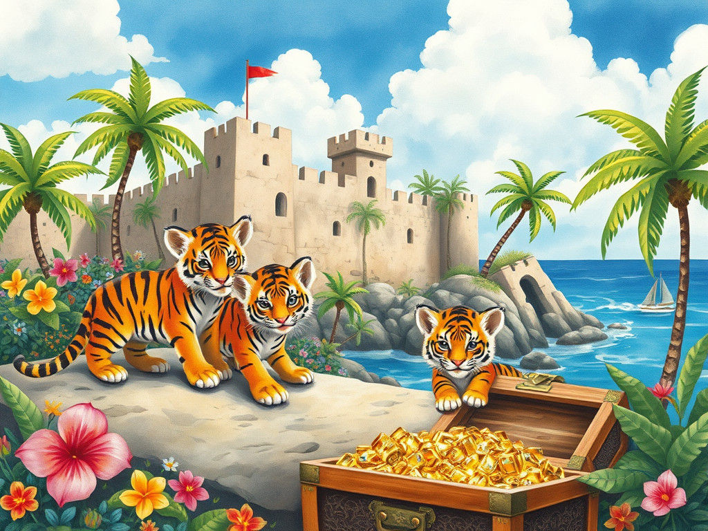 Tiger Cubs Playing at Seaside Fortress, Watercolor Style